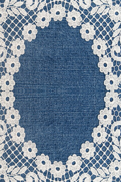 Denim cloth with lace pattern on the edge showing a detailed design for textile art