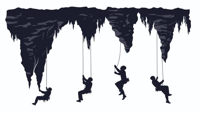 Silhouetted figures rappel down ropes from a dark cave roof, against a bright white background