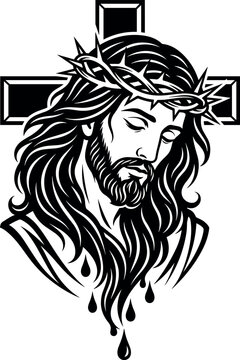 Jesus Christ with Crown of Thorns and Cross Vector Silhouette Illustration for Cricut and EPS