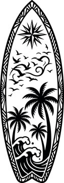 Surfboard with Palm Trees and Waves Vector Silhouette Illustration Design for Cricut and EPS Files