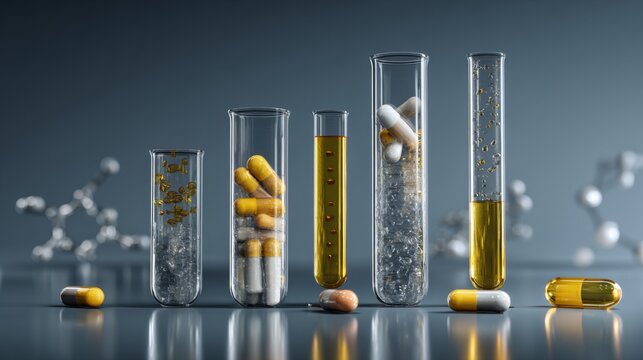 Pharmaceutical capsules and golden liquid in laboratory test tubes with scientific research concept