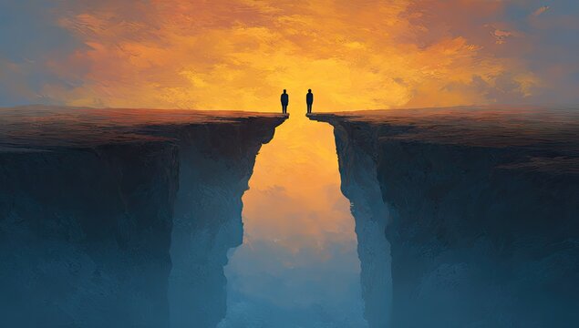 Two figures stand on opposing cliffs, a chasm divides them under a sunset