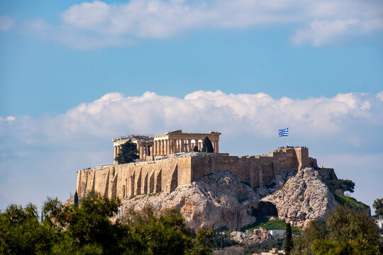A view of the Acropolis in Athens, Greece as seen from the Panathenaic Stadium.
