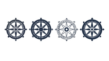 Fototapeta premium Four stylized, dark navy illustrations of a wheel-like design on a white background
