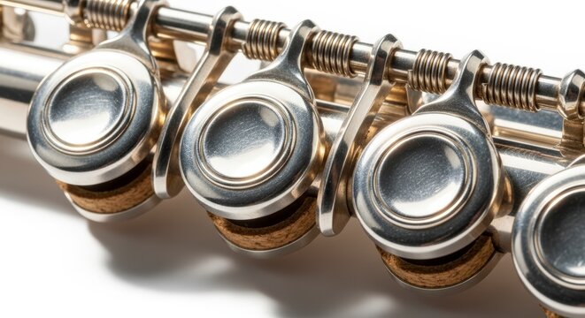 Close-up of a silver flutes keys and mechanisms, showcasing the intricate details of the musical instrument.