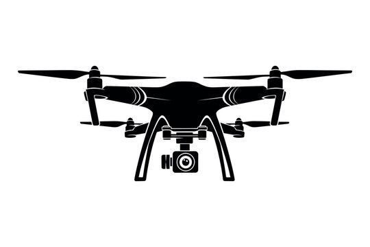 Black and white silhouette of a modern quadcopter drone with camera