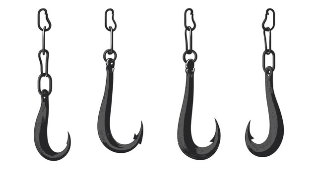 Four stylized, dark grey fishhooks hang from chains with carabiner-style links on a plain white backdrop