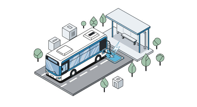 Isometric Electric Bus Charging at City Stop - Sustainable Urban Public Transportation Illustration