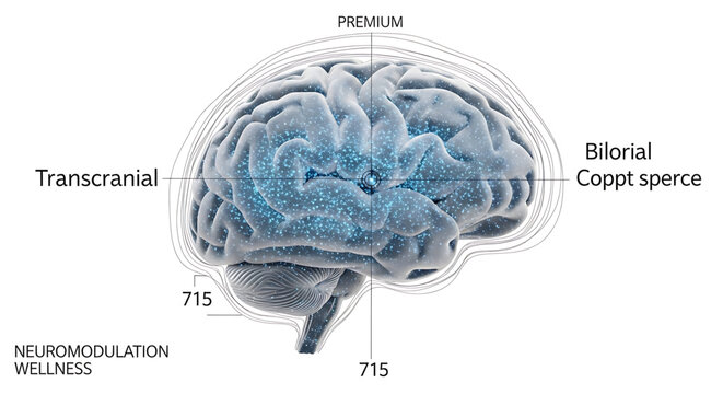 A detailed illustration of a brain with labeled sections for neuromodulation wellness and premium transcranial therapy
