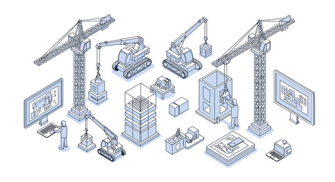Smart Construction and BIM Engineering Isometric Vector Illustration with Cranes, Digital Twin Technology, and Architectural Planning on White Background