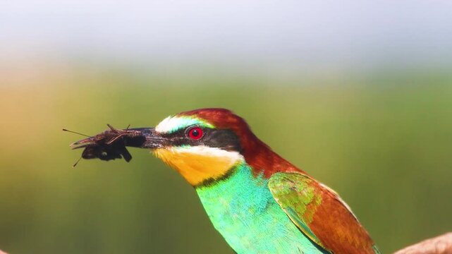 Extreme Close-up of a European Bee-eater Holding a Caught Insect in its Beak