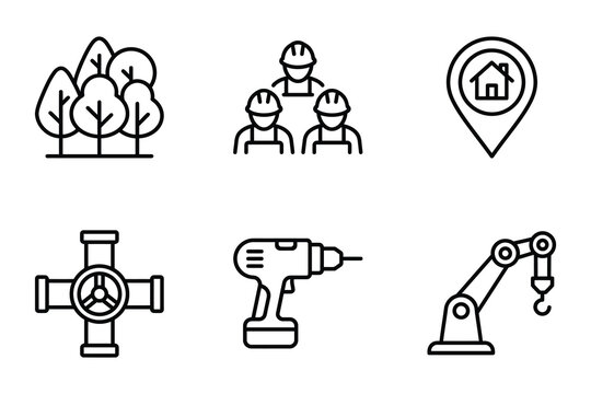 Industrial and site management icons featuring nature worker labor house location and machinery industrial construction