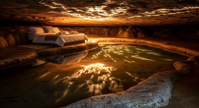 Natural Hot Spring Cave Pool Water.