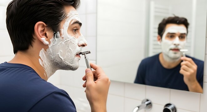 Man shaving face in bathroom mirror.