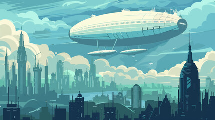 Naklejka premium Airship over stylized city illustration with buildings and clouds in a retro style