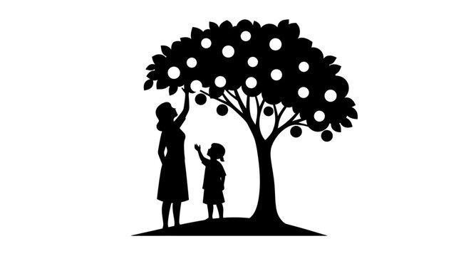 Family harvesting apples under tree silhouette illustration