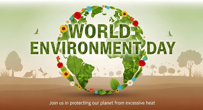 World environment day poster with global map and plants