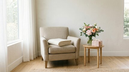 Naklejka premium Single armchair with folded blanket, bouquet, and wrapped gift beside