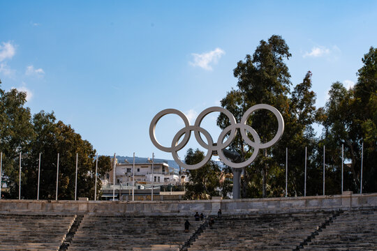 A view of the Olympic Rings at the Panathenaic stadium in Athens, Greece.