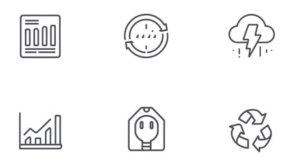 Fototapeta premium Set of Simple Icon: A collection of simple, minimalistic icons representing data analysis, time, weather, and environmental concepts. Clean lines and modern design.
