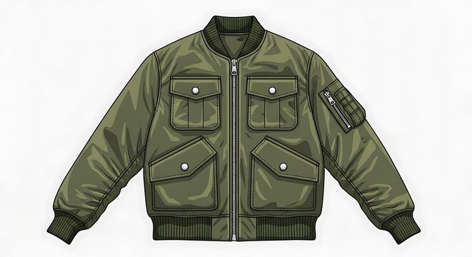 Green military style bomber jacket isolated.