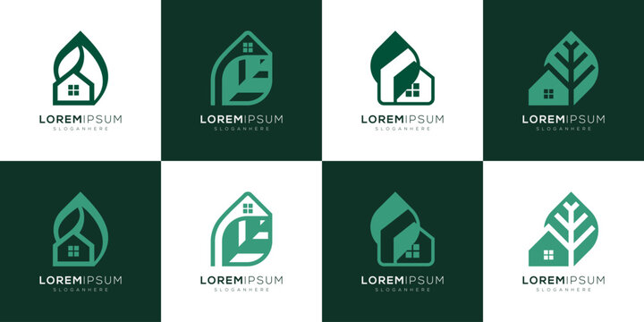 Green Leaf Architecture Logo Design Collections. Modern Natural Living House and Sustainable Housing Property Concept. Geometric abstract vector icon symbols.