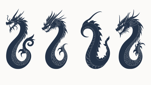 Four stylized dragon silhouettes in a row, dark blue, textured, facing different directions