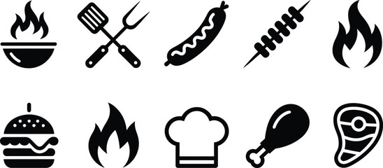 Bbq and grilling vector icon set featuring meat burger sausage chicken leg and outdoor cooking flame. © MOSTLAKI