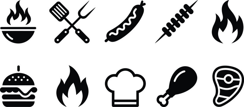 Bbq and grilling vector icon set featuring meat burger sausage chicken leg and outdoor cooking flame.