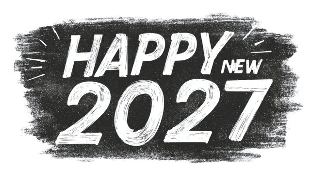 Chalk style "Happy New Year 2027" with rough texture and dust effect, isolated on a white background