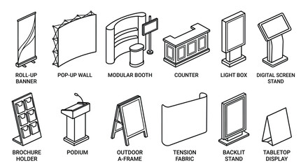 Collection of twelve diverse exhibition display stands and advertising elements, presented as clean black outline icons with a minimalist design © Active Creator Pro