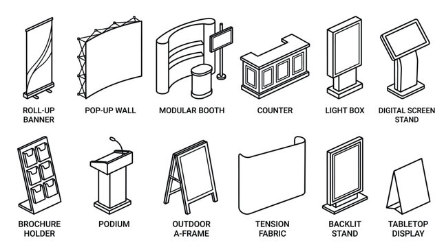 Collection of twelve diverse exhibition display stands and advertising elements, presented as clean black outline icons with a minimalist design