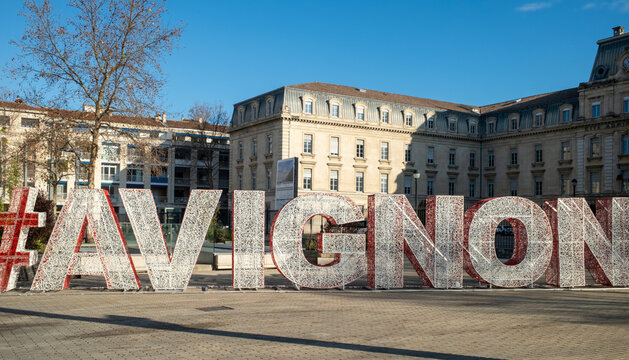 avignon name at the square of avignon in france.