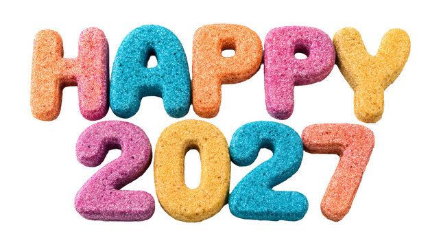 Foam letters "Happy New Year 2027" with soft rounded texture, isolated on a white background