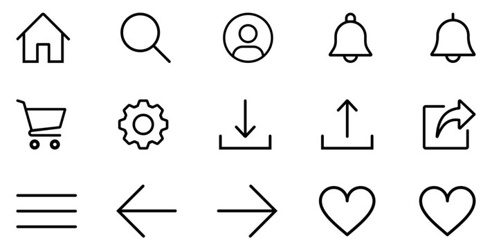 user interface icons set including home search profile cart settings download upload share arrow heart menu notification symbols for app ui navigation web mobile dashboard controls clean line style