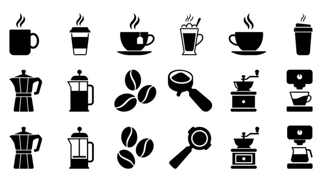 Coffee espresso cup beans grinder frenchpress mokapot barista caffeine drink icons set featuring mug latte cappuccino machine filter brewing tools isolated collection  