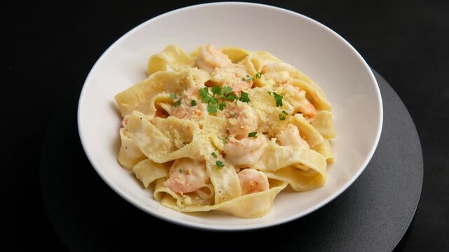 Pasta carbonara with shrimp.pappardelle pasta in Creamy sauce with prawns and topped with parsley and parmesan cheese.