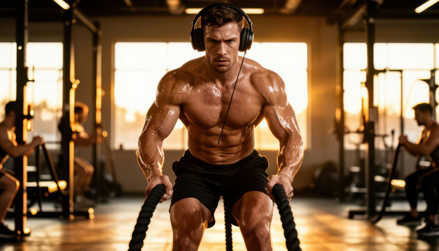 A muscular man exercises with battle ropes in a gym. The setting is filled with natural light, highlighting the man's intense effort and focus during the workout.
