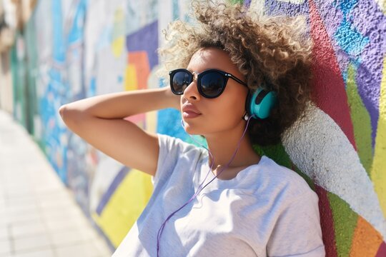 Young Woman Enjoys Music While Leaning Against Colorful Wall in Urban Area