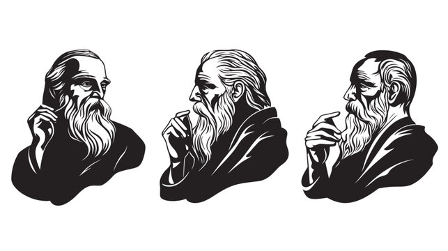 Three busts of a bearded man in profile and frontal positions, in a minimalist style