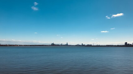 Fototapeta premium City skyline, waterfront view, urban landscape, blue sky