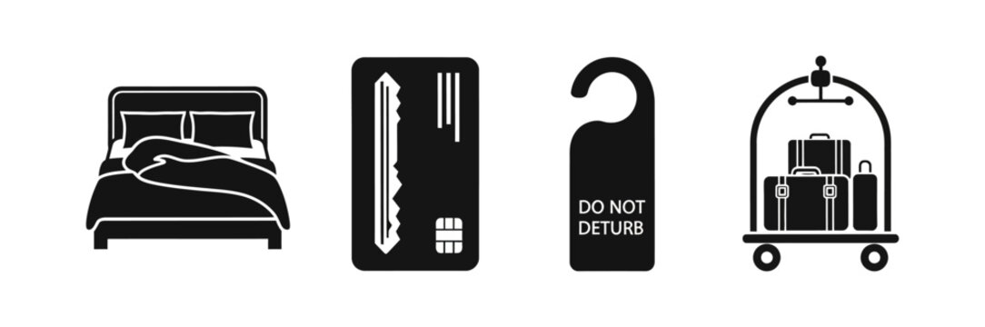 Essential hotel services icons. Black silhouettes of a bed, key card, 'do not disturb' sign, and luggage cart. Ideal for hospitality, travel, and accommodation themes