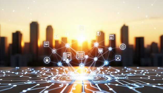 a digital network glowing brightly as the sun sets behind a city skyline. This digital network features various icons symbolizing technology and connections.