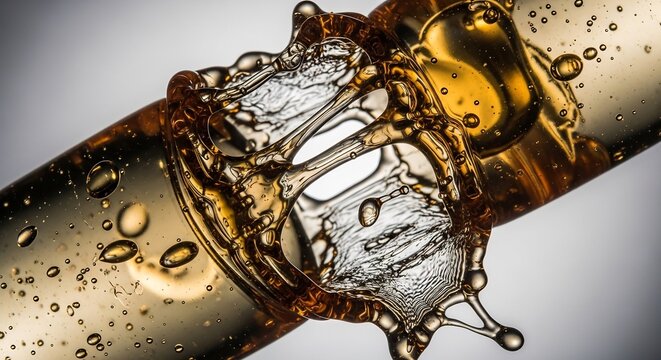Close-up of a pipe leaking golden liquid with dynamic splashes and bubbles.
