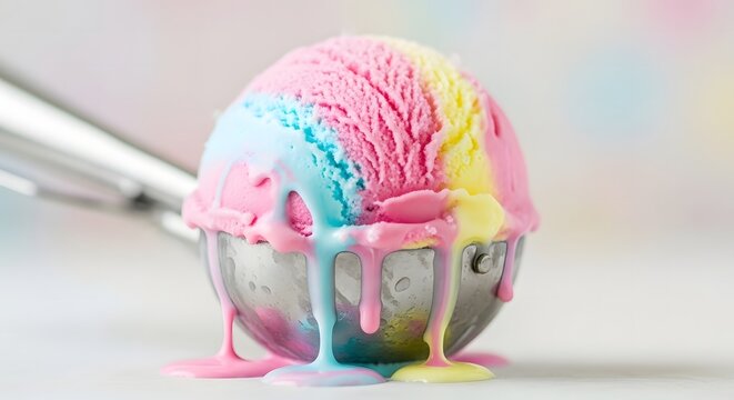 Melting Colorful Ice Cream Scoop in Metal Ice Cream Scooper