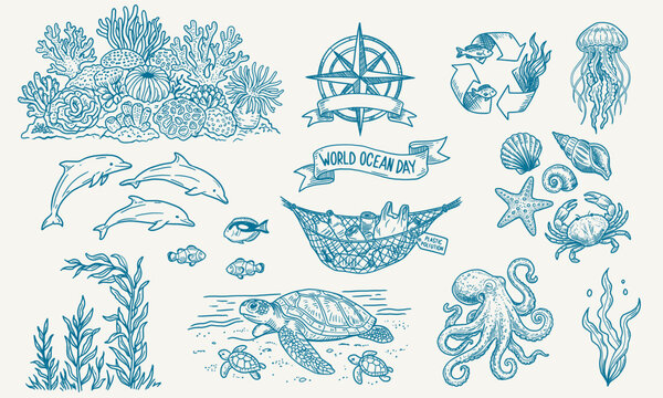 Antique Blue Engraving Ocean Elements. Whimsical Marine Biology and World Ocean Day Symbols