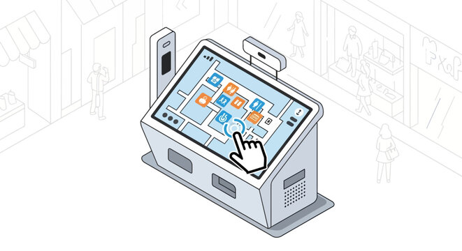 Isometric Digital Information Kiosk with Interactive Floor Plan Map in Shopping Mall, Wayfinding Touchscreen Terminal for Indoor Navigation and Customer Service