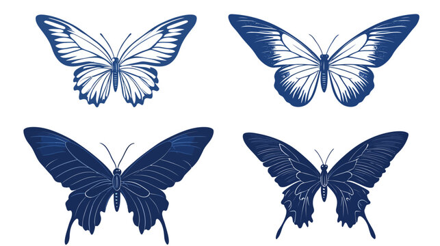 Four stylized illustrations of butterflies, in various poses, with white backgrounds and navy blue hues