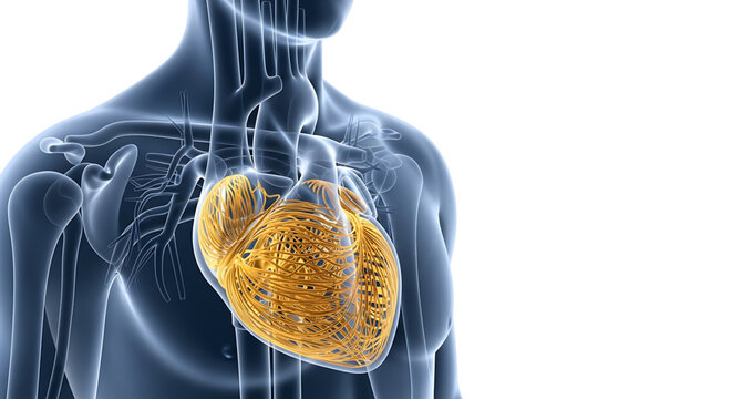 A detailed illustration of a human heart inside a transparent torso, showcasing the cardiovascular system
