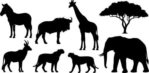 Obraz premium Black Silhouette African Safari Animal Collection Including Elephant Giraffe Zebra Cheetah Wildebeest and Acacia Tree